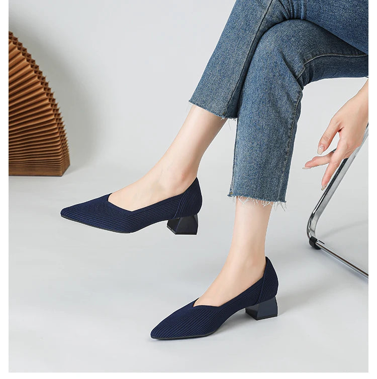 Women's large high-heeled shoes Multicolor pointy knit breathable comfortable anti-skid rubber sole work shoes 2023 new autumn - Clikcy