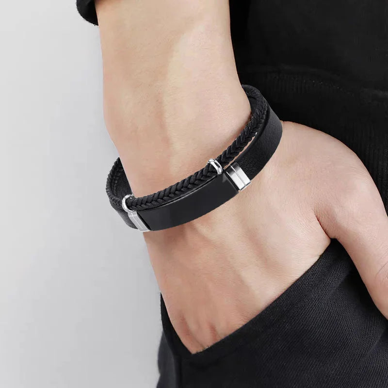 Homme Stainless Steel Bracelet Double Layer Twist Braid Leather Rope Bracelets For Men Hiphop Rock Fashion Jewelry Accessories - Clikcy