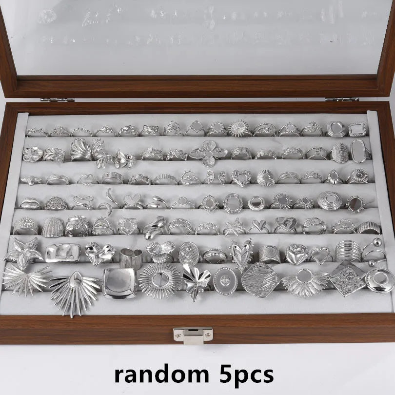 Random 5/10pcs Silver Color Stainless Steel Mix Rings For Women Men Accessories Open Ring Finger Jewelry DIY Blank Settings Gift - Clikcy