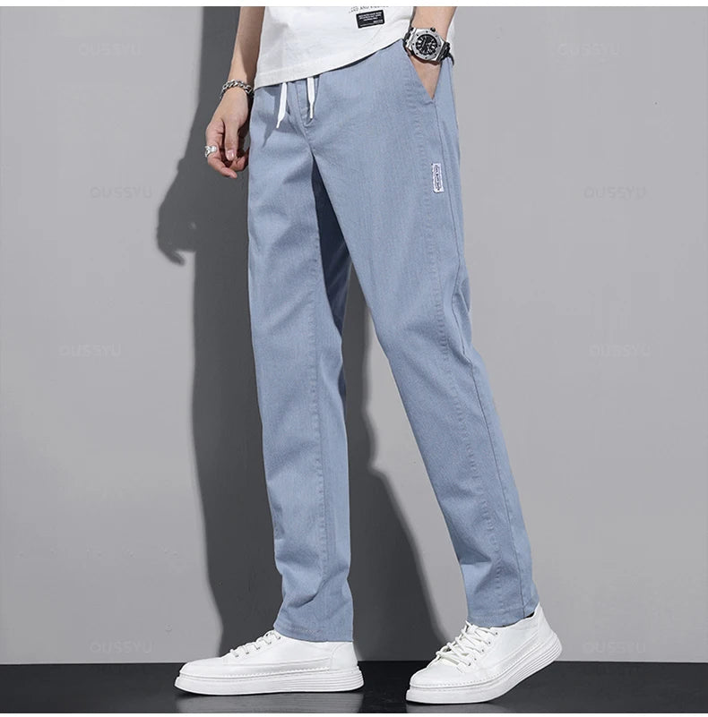 New Spring Summer Cotton Men's Casual Pants Classic Drawstring Elastic Waist Thin Stretch Blue Jogging Work Cargo Trousers Male - Clikcy