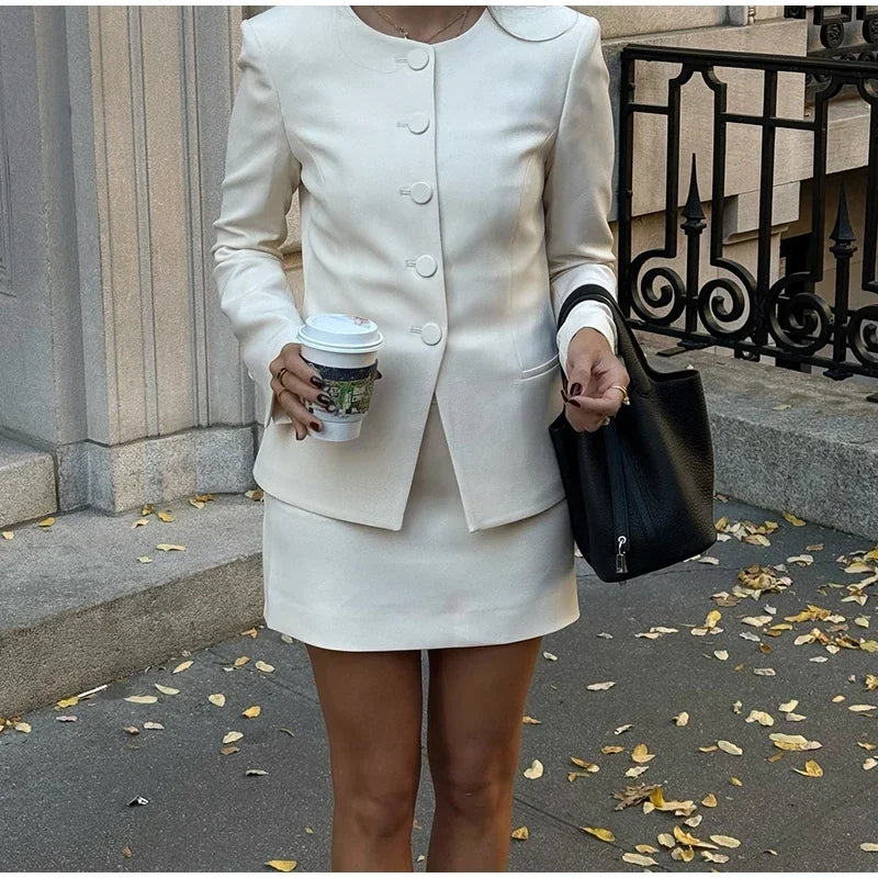 Casual Single Breasted Loose O-neck Blazer Coat Elegant Solid Skirt Set for Women High Waist Skirts Female 2025 Spring Outfit - Clikcy