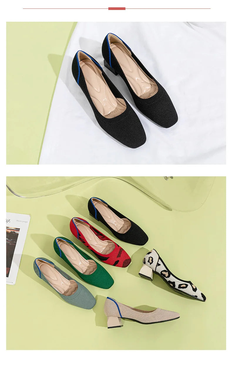 Large high-heeled shoes 42/43/41 women's shoes knitted fashionable breathable non-slip beautiful color matching spring and autum - Clikcy