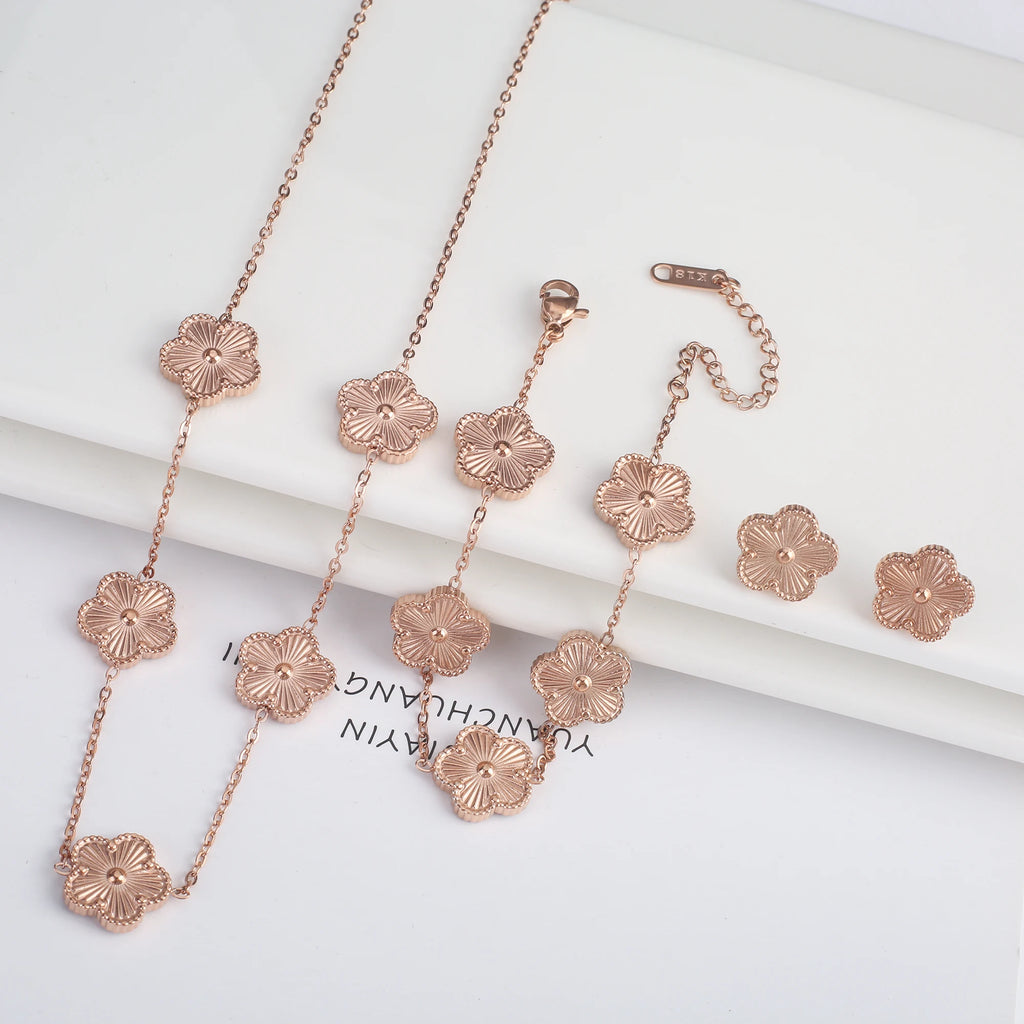 3Pcs 18k Gold-Plated Five-Leaf Flower Necklace Earrings Bracelet Jewelry Set For Woman Fashion Party Jewelry Daily Wear Clover - Clikcy