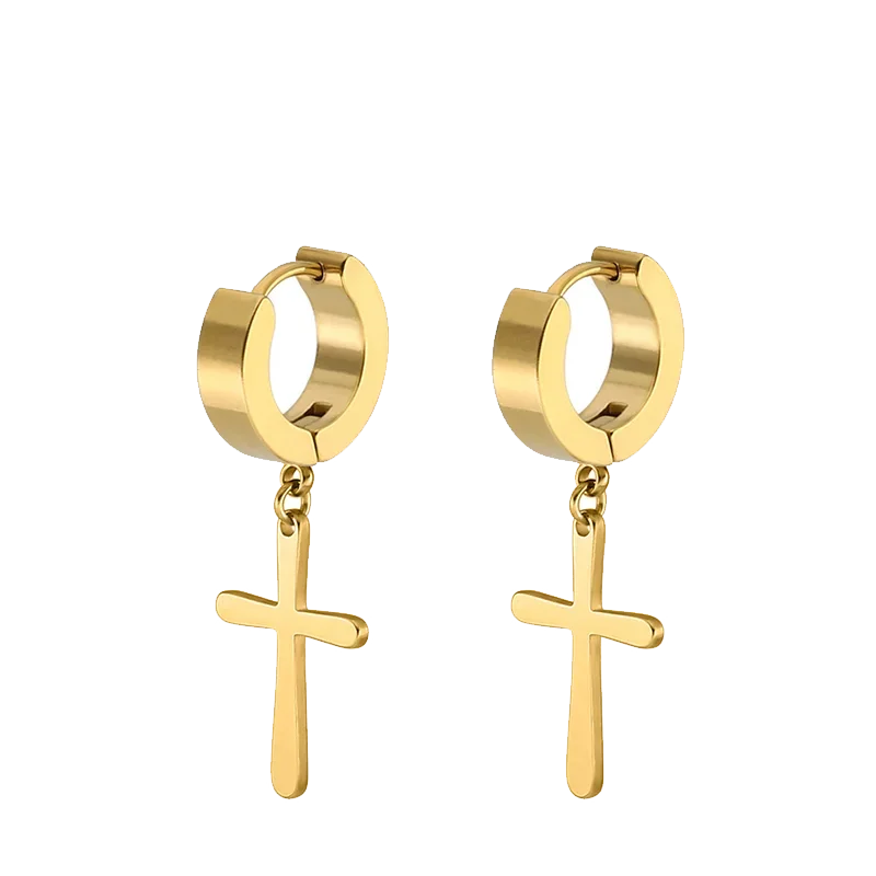 2pc Stainless Steel Men Cross Stars Punk Dangle Earrings Gothic Woman Cross Ear Hoop Earrings Huggies Pendant Piercing Jewelry - Clikcy