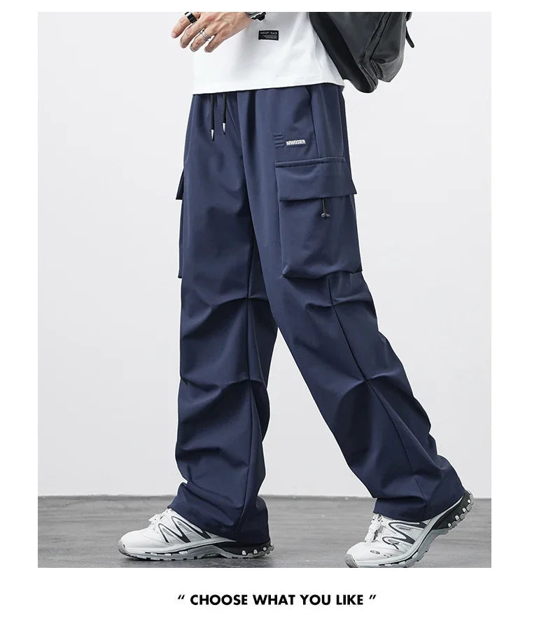 New Plus Size 8XL Men Casual Straight Pants Trousers Ice Silk Fashion Hip Hop Sweatpants Outdoor Stand Pocket Cargo Pants Y2K - Clikcy