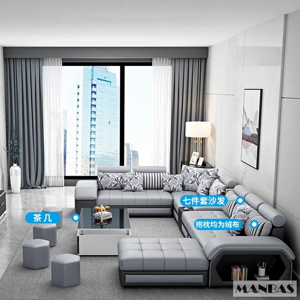 Linlamim Fabric Sofa Set Furniture Living Room Sofa Set with USB and Stools / Big U Shape Cloth Couch Sofas for Home Furniture - Clikcy