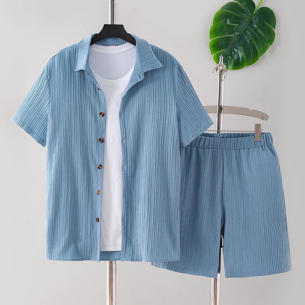 New adult summer open chest button short sleeved+loose shorts casual outfit - Clikcy