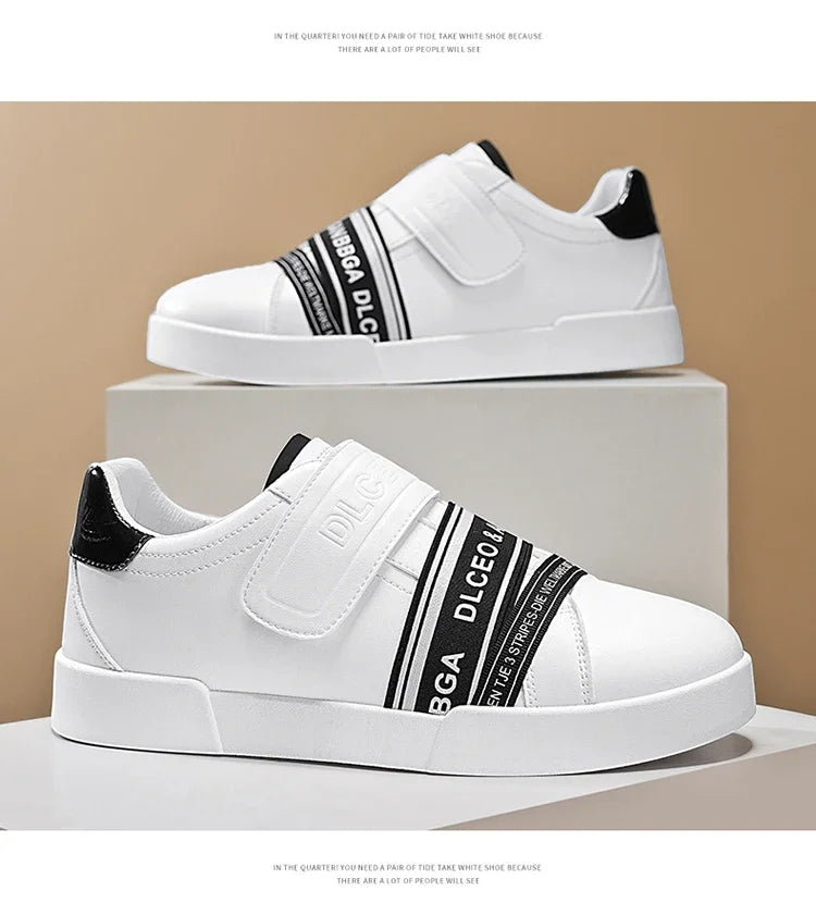 Original Design Leather Sneakers Men Trendy HOOK&LOOP Non-slip Men's Skateboard Shoes Fashion White Casual Sports Shoes For Men - Clikcy