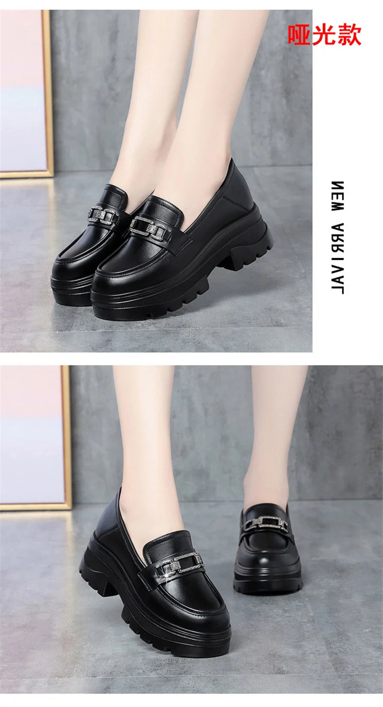 Platform Loafers New Women's Shoes Soft Leather Thick Heels British Small Round Toe Metal Decoration White Leather Shoes - Clikcy