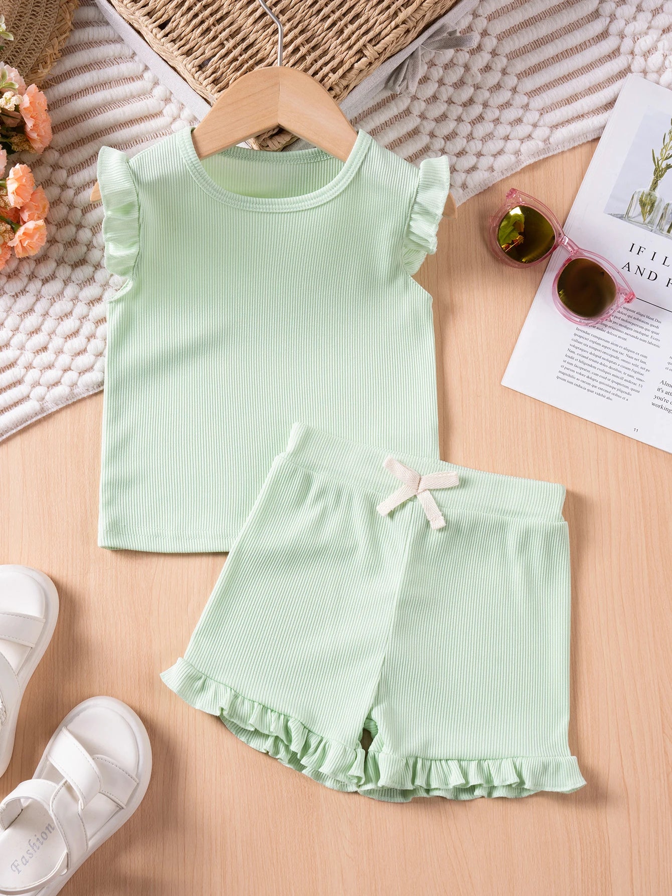 Summer Toddler Girl Ruffle Sleeve 2pcs Set Sleeveless T-shrits Top and Shorts Outfit for Kids Girls Solid Suit Clothing - Clikcy