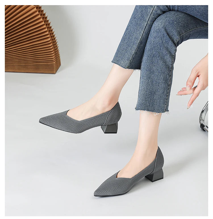 Women's large high-heeled shoes Multicolor pointy knit breathable comfortable anti-skid rubber sole work shoes 2023 new autumn - Clikcy