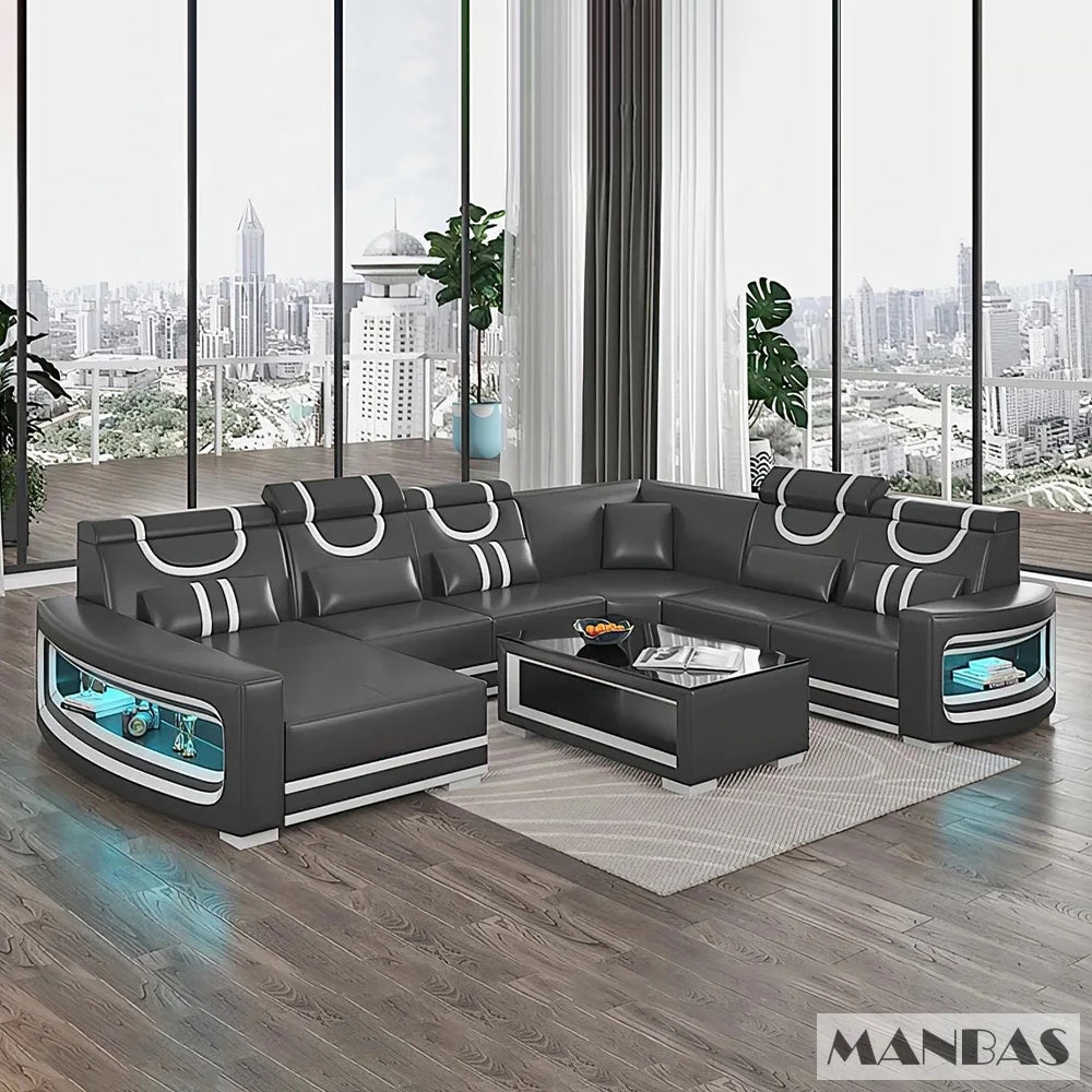 Upgrade Your Living Room with MANBAS Italian Genuine Leather Sofa - 2 Colors Combination, LED Light & Soft Cushions - Clikcy