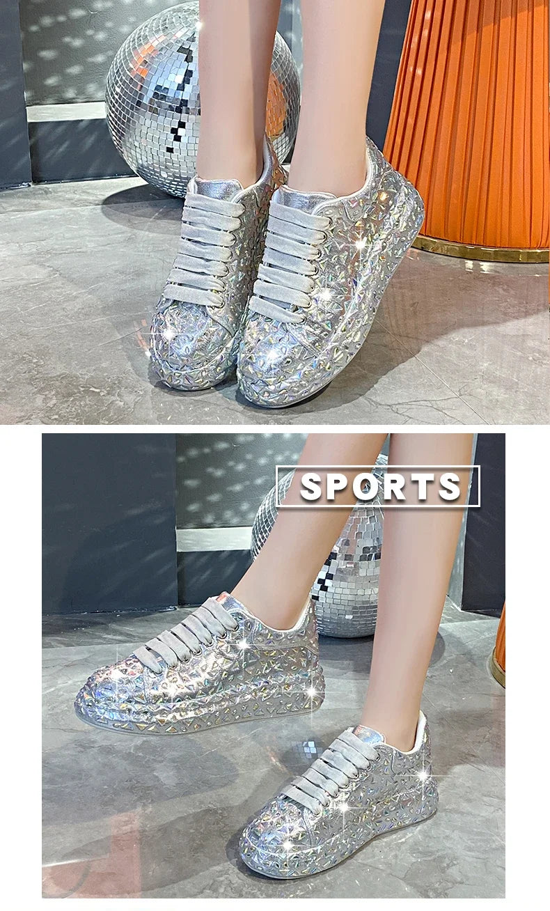 2025 Autumn Leather Women Shoes New Style Fashion Platform Shoes Ins Platforms Sneakers Tide Shine Bling Rhinestone Shoes - Clikcy