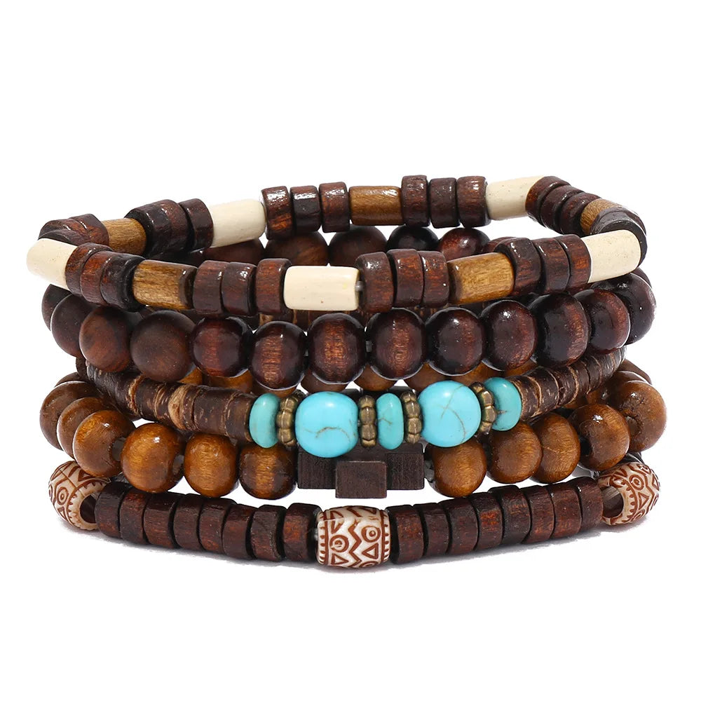 Ethnic 4-5pc/set wood bead tree Cactus Charms bracelets Hamsa Hand Butterfly Bohemia Men Bracelets For Women Female Jewelry - Clikcy