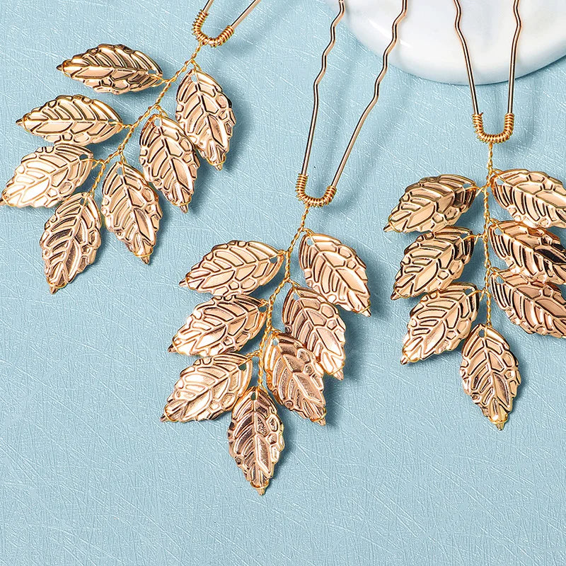 6PCS Gold Leaf Metal Hairpin Fashion Bridal Headdress Hair Accessories Rhinestone Crystal Hair Clips For Women Holiday Gift - Clikcy