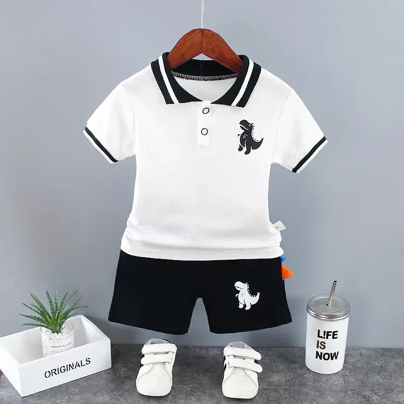 Summer Children Clothes Baby Boys Clothes Set Dinosaur Printed Turn-down Collar T-Shirts Tops+ Shorts 2PCS/Suit Infant Clothing - Clikcy