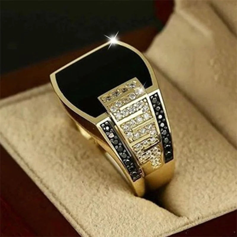 Classic Men's Ring Fashion Metal Gold Color Inlaid Black Stone Zircon Punk Rings for Men Engagement Wedding Luxury  Jewelry - Clikcy