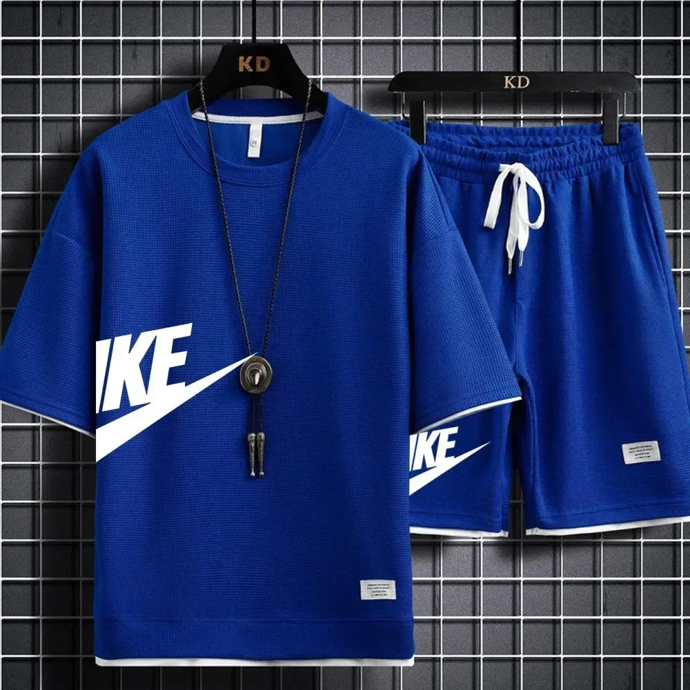 2024 Men's casual two-piece tracksuit Short sleeve and pants Summer Sports Fitness Jogging men's waffle suit fake two pieces - Clikcy