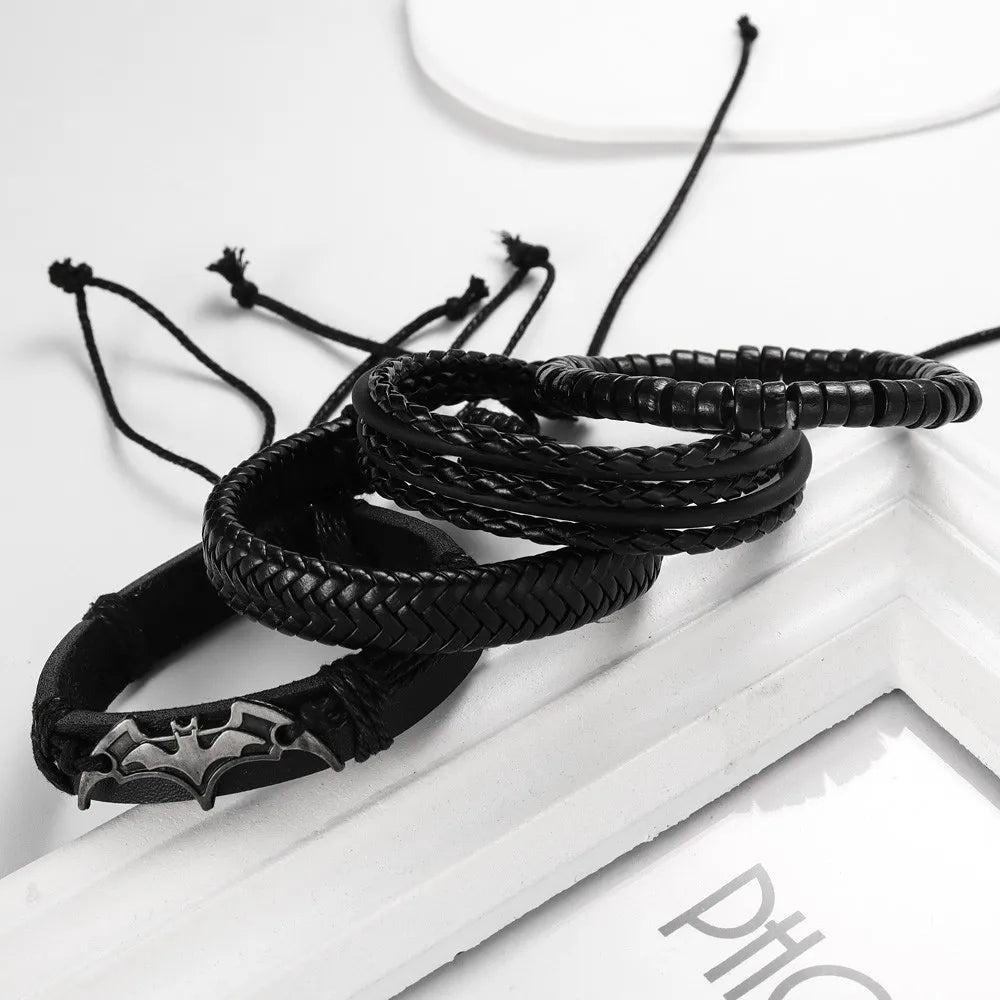 4Pcs/set Leather Beaded Black Bat Bracelet Charming Men's Bracelet New Fashion Hip Hop Punk Accessories Jewelry Gift Wholesale - Clikcy