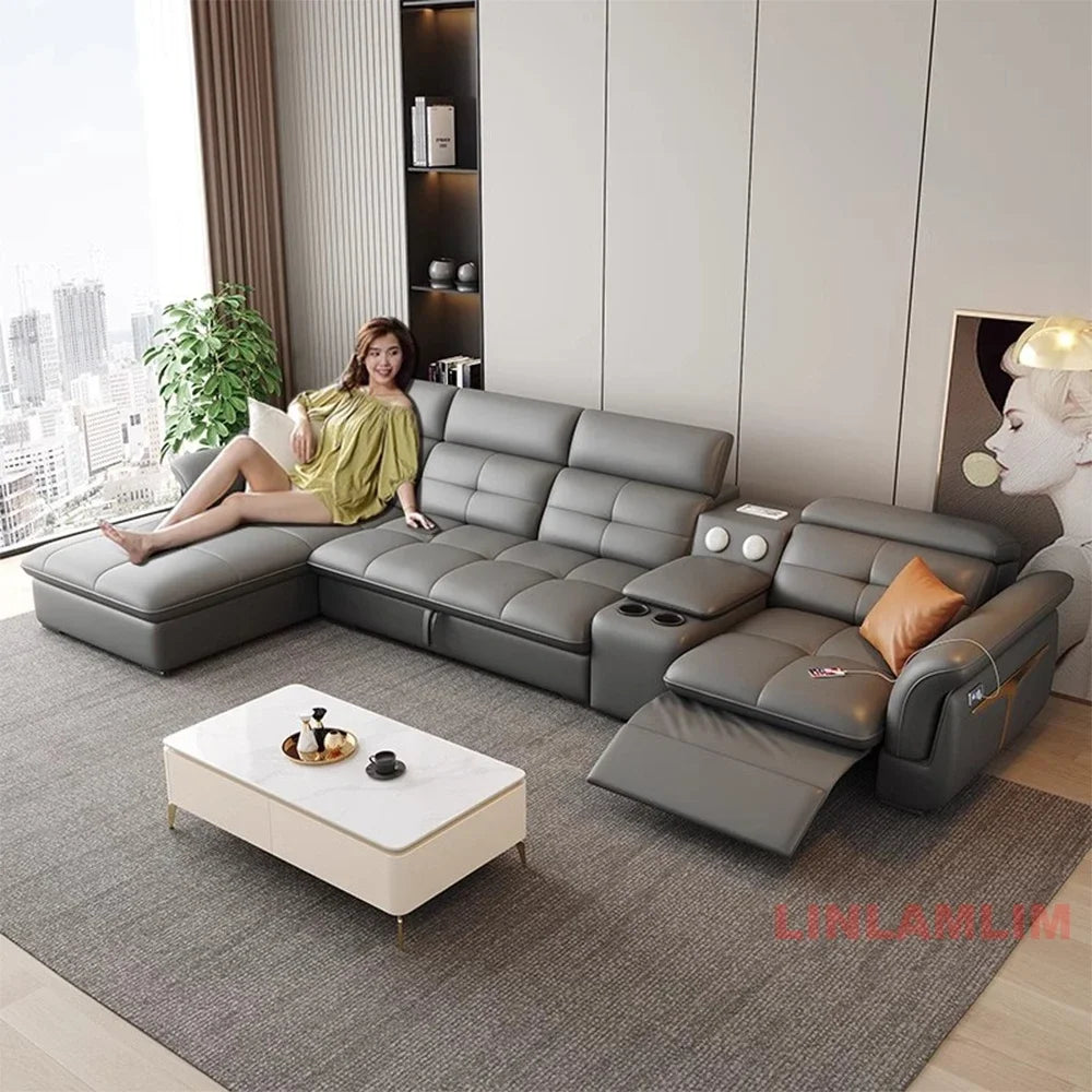 Modern Electric Recliner Sofa Bed with Adjustable Backrest, L-Shaped Multifunctional Italian Genuine Leather Sectional Couch - Clikcy