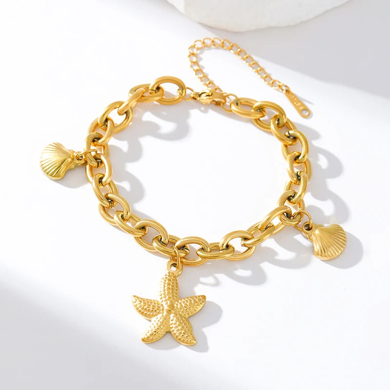 EILIECK 316L Stainless Steel Gold Color Starfish Shells Charm Bracelet For Women New Trendy Wrist Chain Jewelry Holiday Gifts - Clikcy