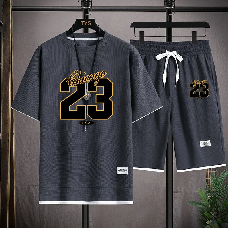 High Quality Men's Korea Comfortable and Summer  Fashion Print Sports Suit Fitness Jogging Daily Casual Wear Beach Shorts Set - Clikcy