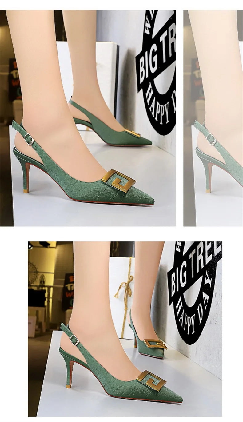 Metal Square Buckle Thin Heel Party Shoes Black Green White Woman Pointed Toe Hollow Back Strap Pumps Middle Heel Sandals - Clikcy