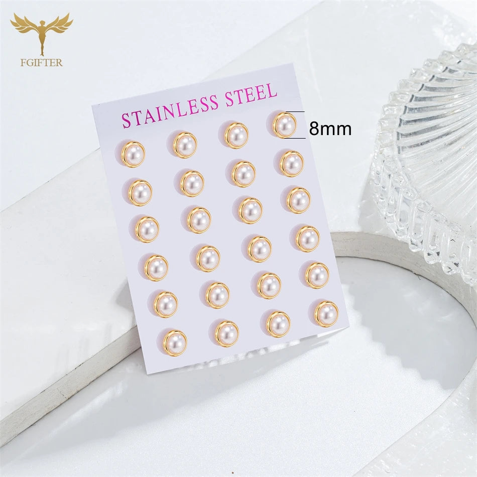 12 Pair Round Pearl Earrings for Women Girl Simple Ear Piercing Jewelry Golden Stainless Steel Stud Earrings Set Fashion Jewelry - Clikcy
