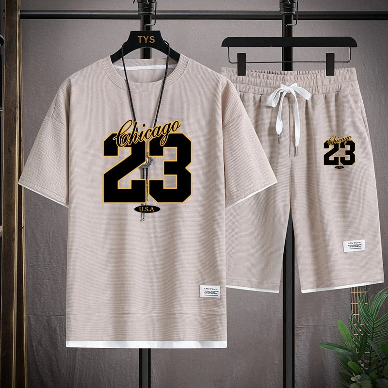 High Quality Men's Korea Comfortable and Summer  Fashion Print Sports Suit Fitness Jogging Daily Casual Wear Beach Shorts Set - Clikcy