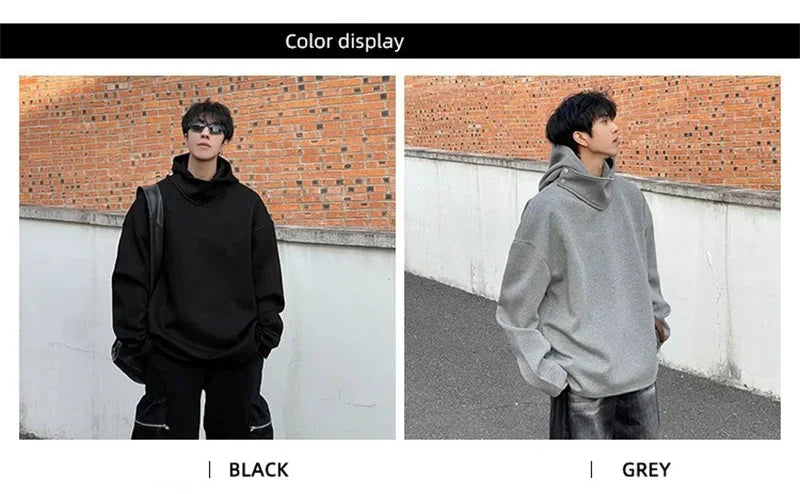 Autumn Y2K Vintage Turtleneck Design Hooded Sweatshirts Men's Solid Color Pullover Hoodies New High Street Fashion Tracksuit - Clikcy