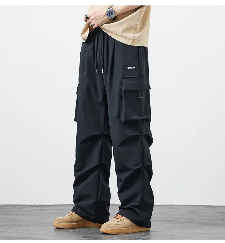 New Plus Size 8XL Men Casual Straight Pants Trousers Ice Silk Fashion Hip Hop Sweatpants Outdoor Stand Pocket Cargo Pants Y2K - Clikcy