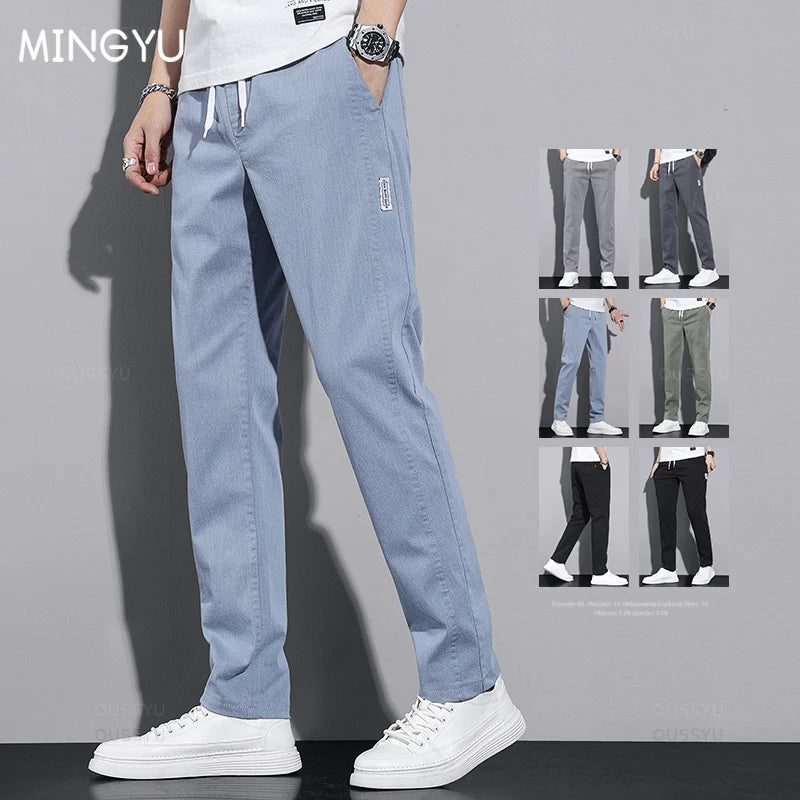 New Spring Summer Cotton Men's Casual Pants Classic Drawstring Elastic Waist Thin Stretch Blue Jogging Work Cargo Trousers Male - Clikcy