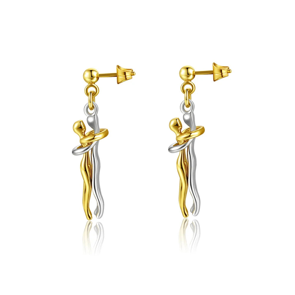 Seulement New 14K Gold Plated Embrace Pendant Couple Necklace for Women Two-tone Hug Earrings Valentine's Day Jewelry Gift - Clikcy