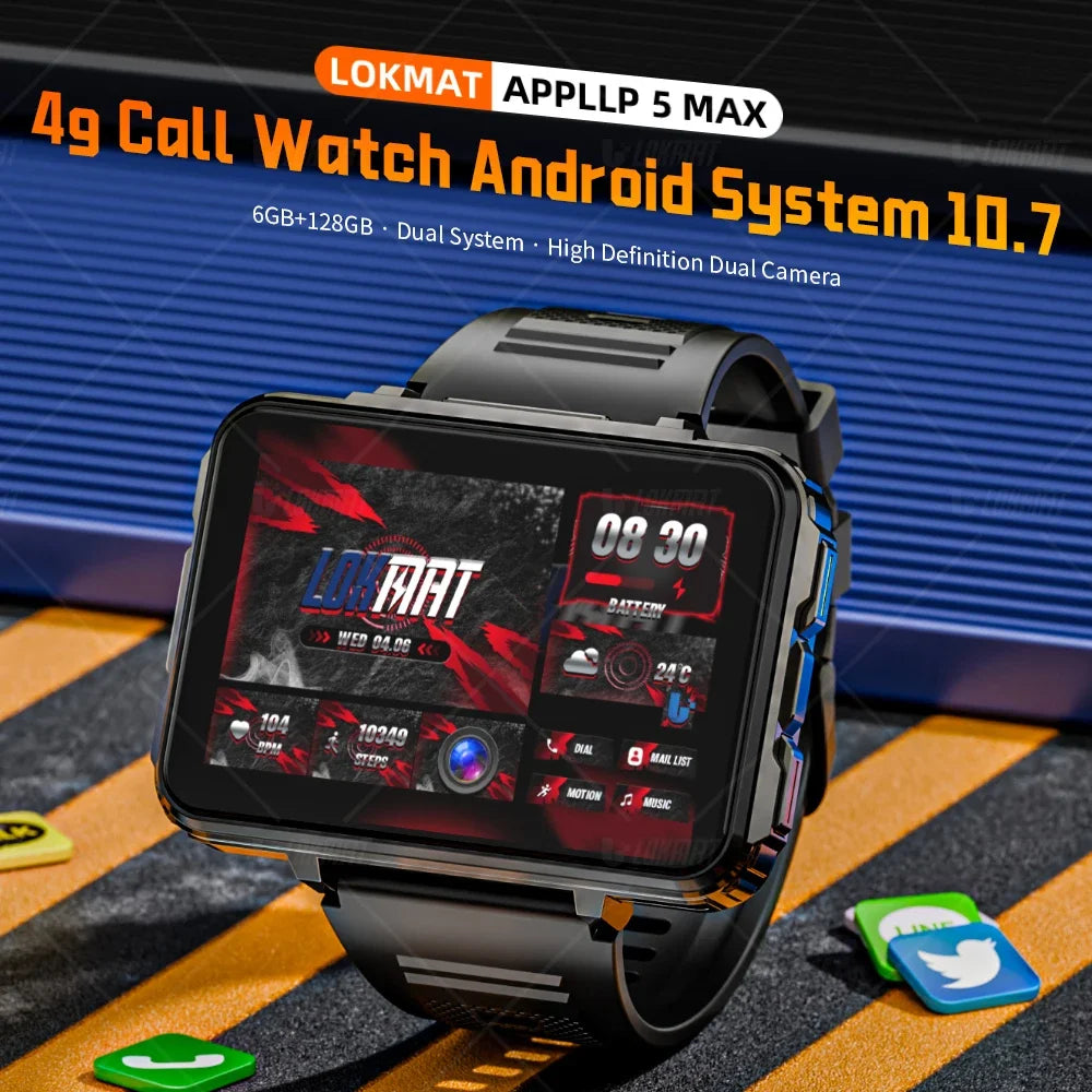 LOKMAT APPLLP 5 MAX Android Watch Phone Square Big Screen Wifi 4G Calls Smartwatches Dual Camera with Flashlight Gaming Watch - Clikcy