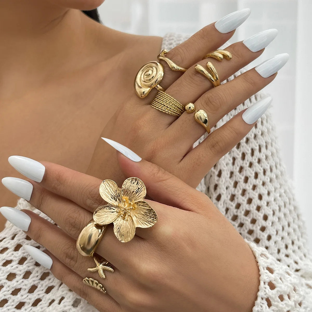 DIEZI One Set Vacation Beach Style Flower Starfish Knuckle Rings For Women Bohemian Vintage Gold Silver Color Open Joint Ring - Clikcy