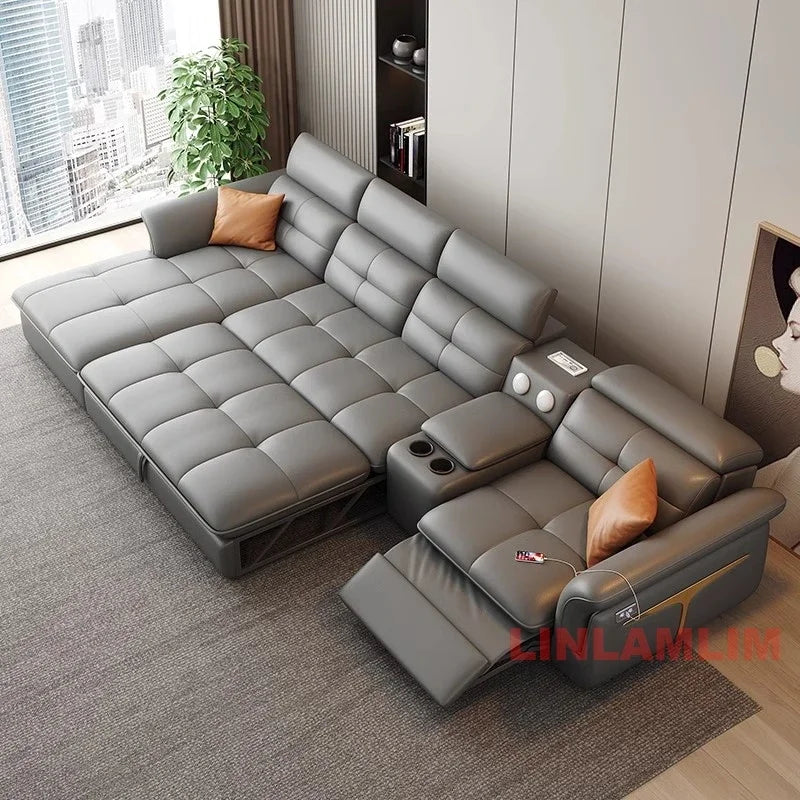 Modern Electric Recliner Sofa Bed with Adjustable Backrest, L-Shaped Multifunctional Italian Genuine Leather Sectional Couch - Clikcy