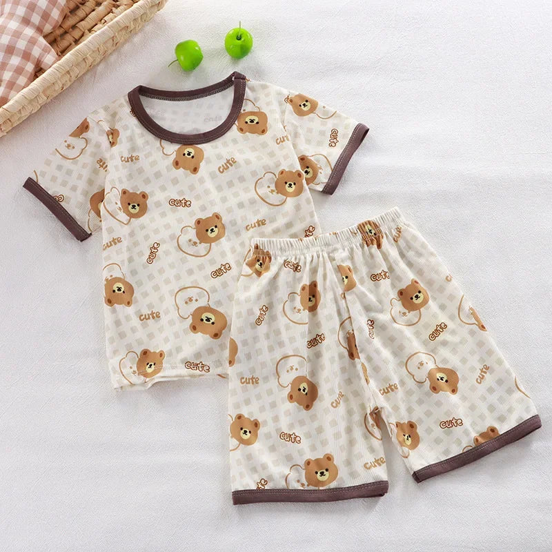 2024 New Boys Girls Summer Thin Clothing Sets Kids Cute Cartoon Print Short Sleeve T-Shirt Tops with Shorts Toddler Baby Pajamas - Clikcy
