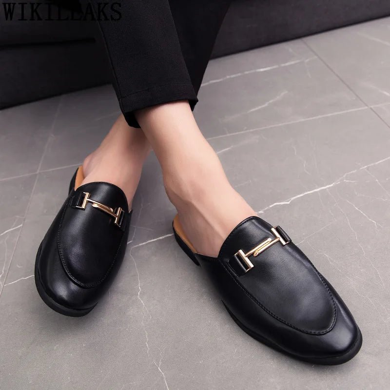 White Slip on Shoes Men Mules Leather Shoes Man Classic Black Half Shoes for Men 2025 Mules Homme Chaussure Homme Mule Masculino