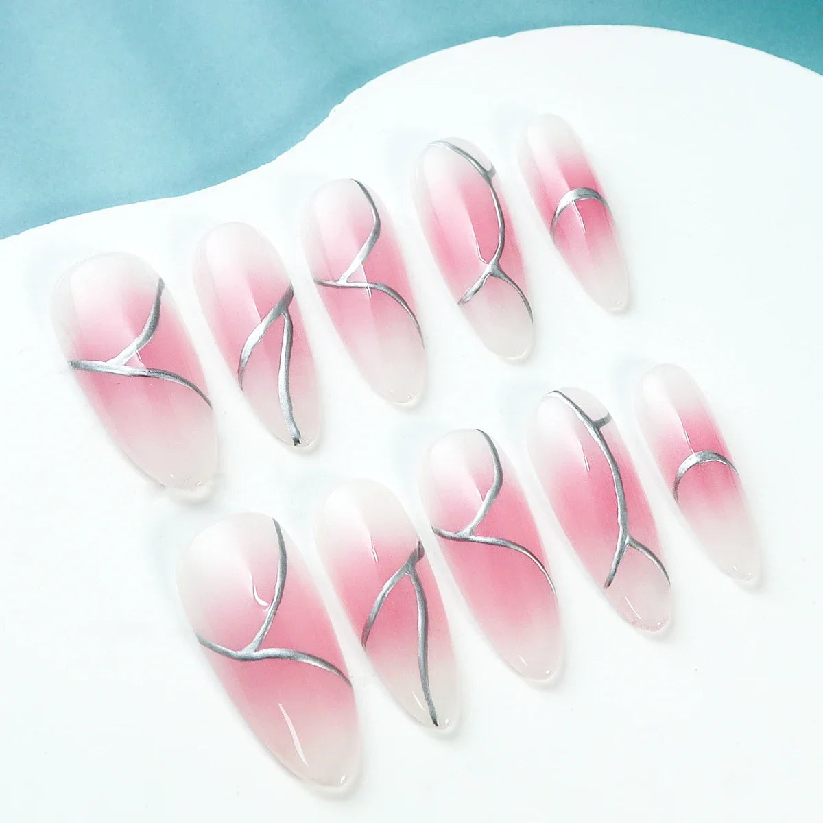 10pcs Handmade Long Press on Nails  Pink Gradient Glossy Blush 3D Silver Cord Art Design Jelly Glue&Nail File,Reusable Fake Nail - Clikcy