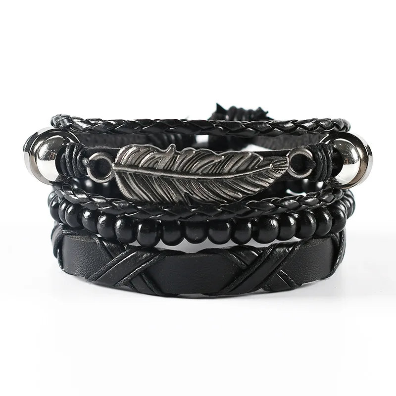 4Pcs/ Set Braided Wrap Leather Bracelets for Men Vintage Life Tree Rudder Charm Wood Beads Ethnic Tribal Wristband Rope Bracelet - Clikcy