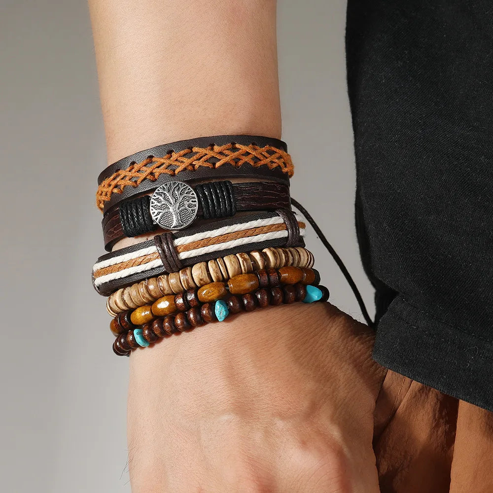 Red 6 Pc/set Tree Black Wrap Woven Handmade Wood Beads Bracelets Male Women Leather Bracelets Men Bangle Wholesale Jewelry Gift - Clikcy