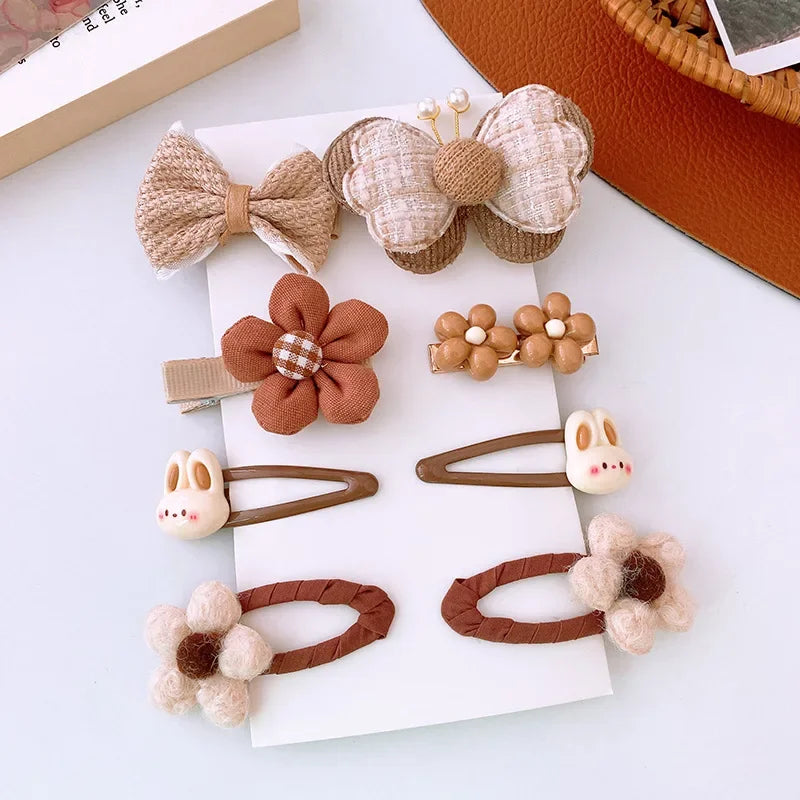 8pcs/set Sweet Girl Hair Clip Cartoon Bear Floral Bowknot Hair Pin for Toddler Girls Lovely Beige Coffee Color Kid baby Headwear - Clikcy