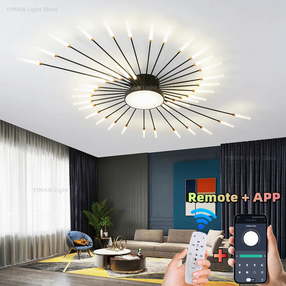 Led Firework Chandelier Dimmable For Living Room Bedroom Milk Yellow Ceiling Chandelier Dining Room LED Ceiling Lamp With Remote - Clikcy