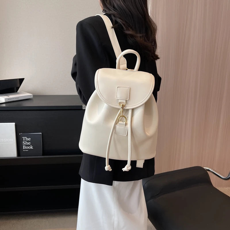 Genuine PU Leather Backpack Female Large Capacity Casual School Bag Solid Drawstring Travel Shoulder Bag Korean Fashion Backpack - Clikcy