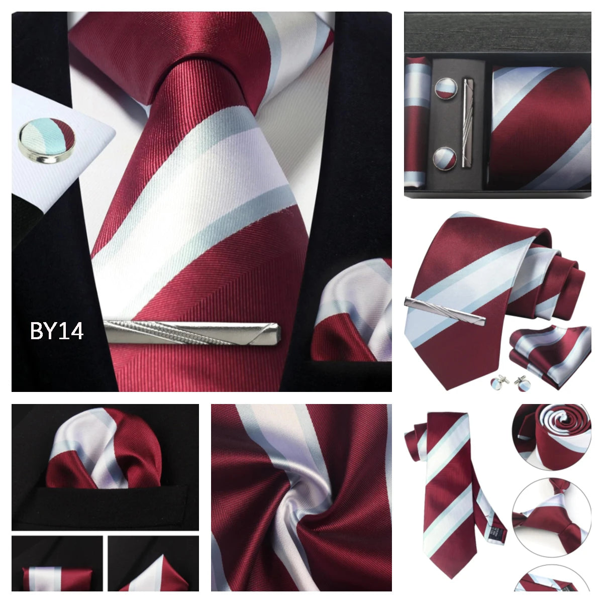 Classic 100% Silk Men's Ties In Gift box 8cm Plaid Dot Striped Business Necktie Handkerchief Cufflinks Wedding Party Tie Set