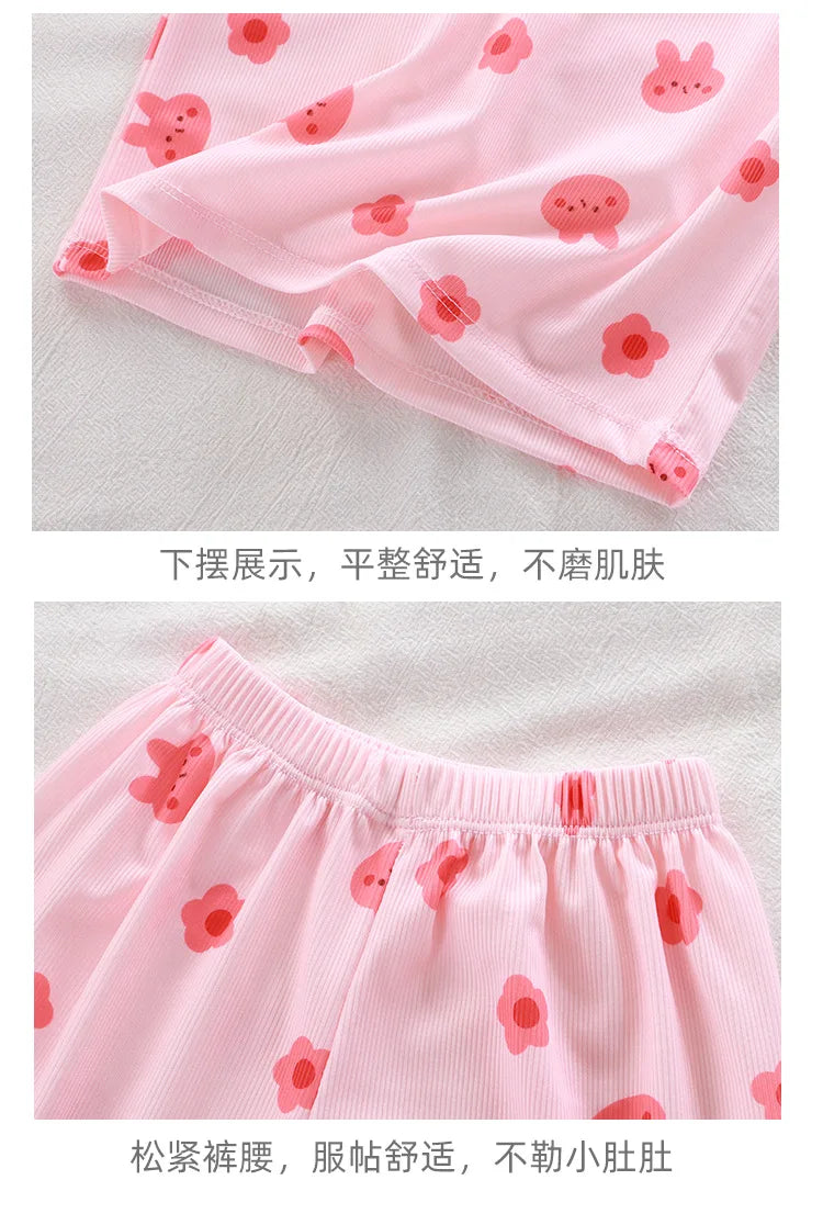 2024 New Boys Girls Summer Thin Clothing Sets Kids Cute Cartoon Print Short Sleeve T-Shirt Tops with Shorts Toddler Baby Pajamas - Clikcy