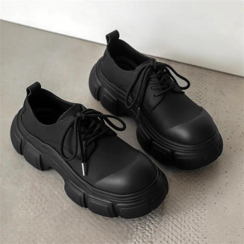Black Thick Sole Casual Genuine Leather Dress Shoes Men Platform Heighten Japan Harajuku Korean Streetwear Fashion Shoes Man