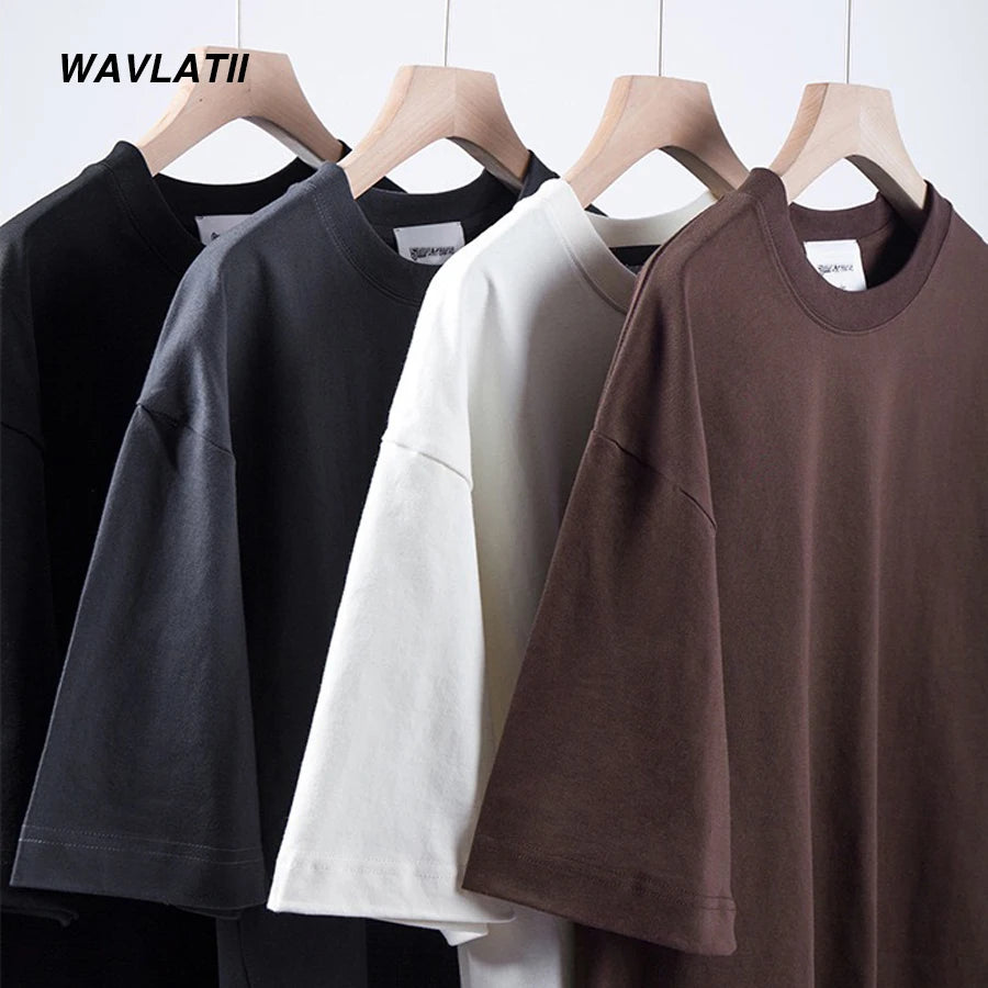 WAVLATII New Men Oversized T shirts Female 260 GSM Casual White Streetwear Tees Black Solid Basic Summer Tops for Young WMT2401 - Clikcy