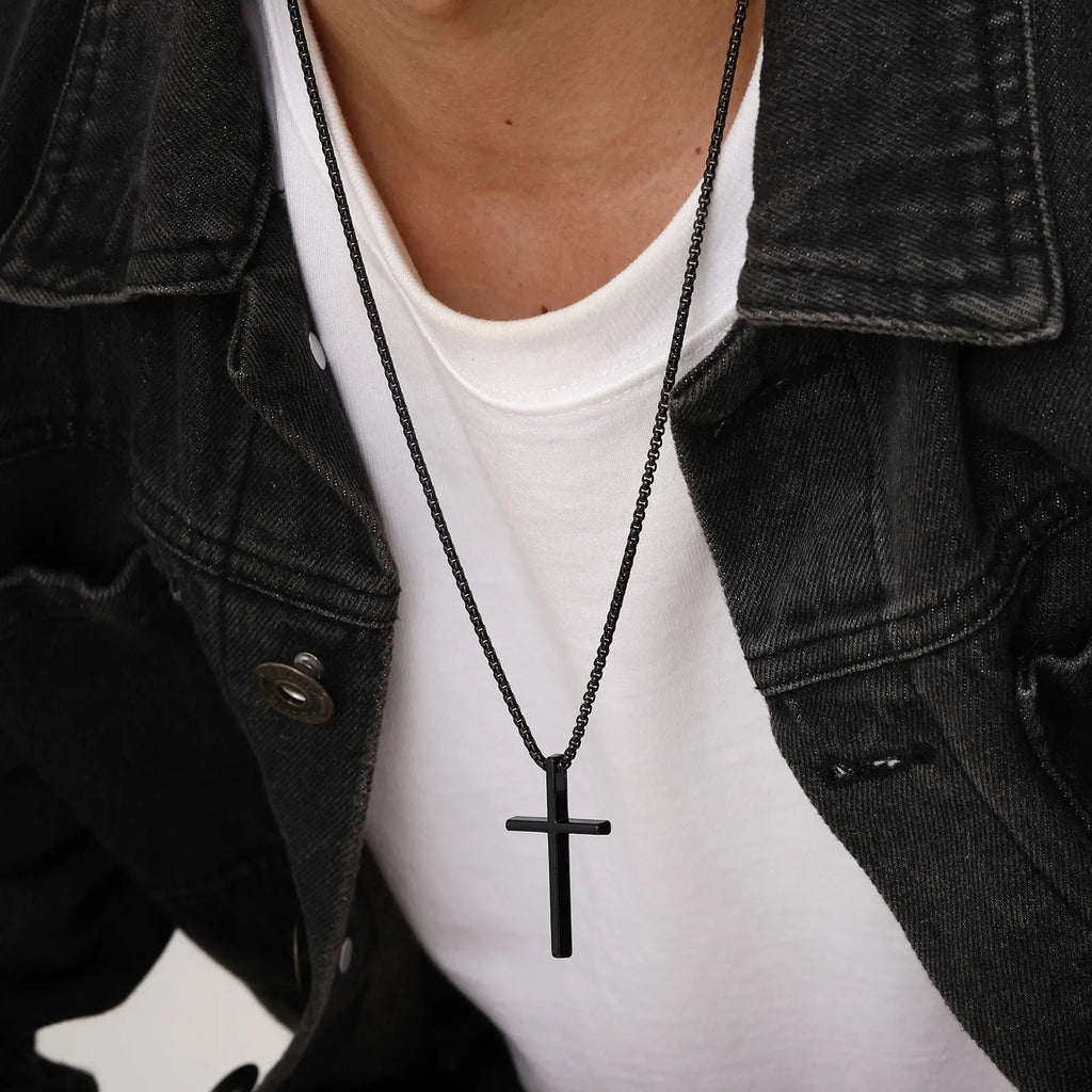 Vnox Cross Necklace for Men Women, Silver Color Plain Cross Pendant Collar with Stainless Steel Box Chain - Clikcy