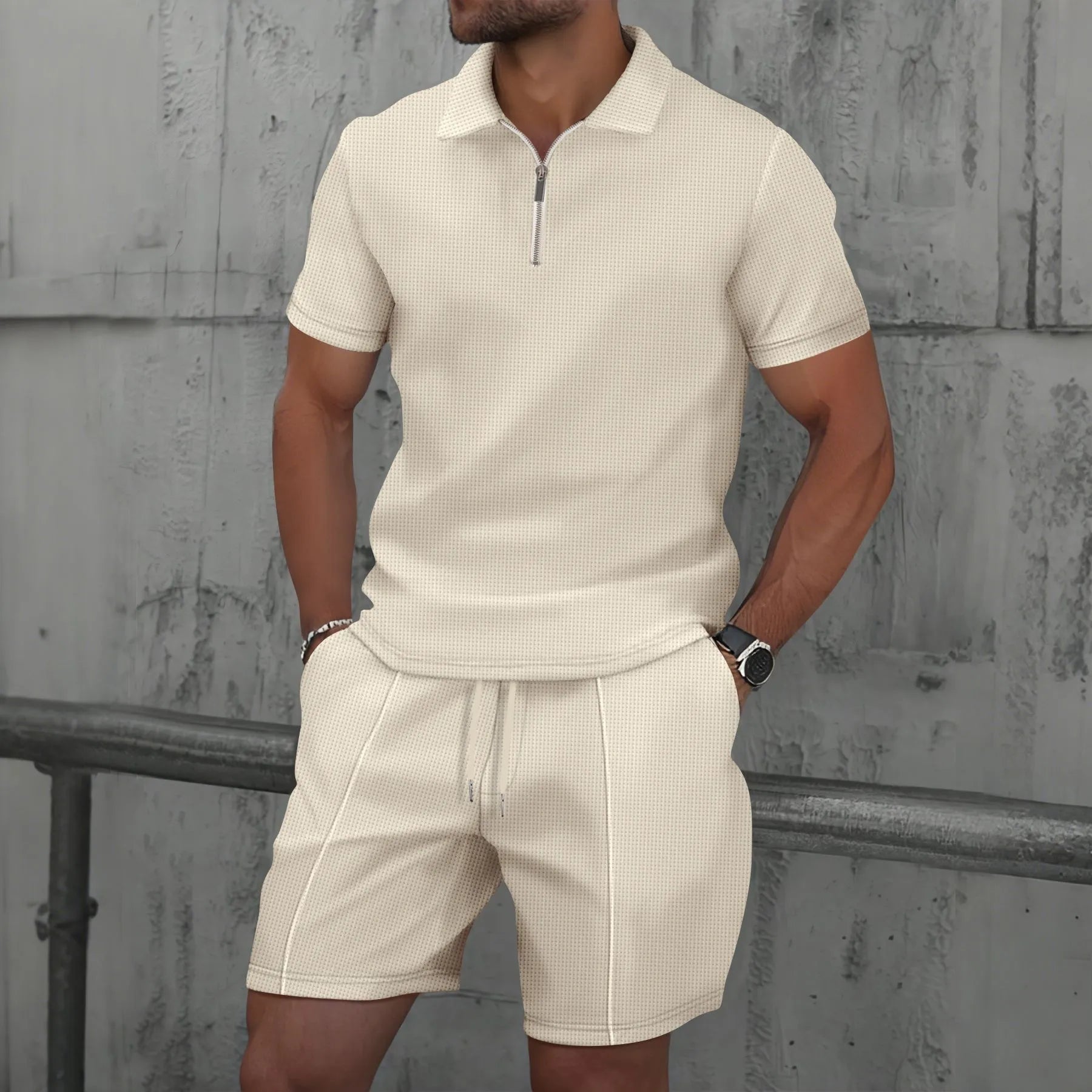 2025 Men Europe and the United States new summer Waffle solid color zip-up lapel short-sleeve suit shorts two sets - Clikcy
